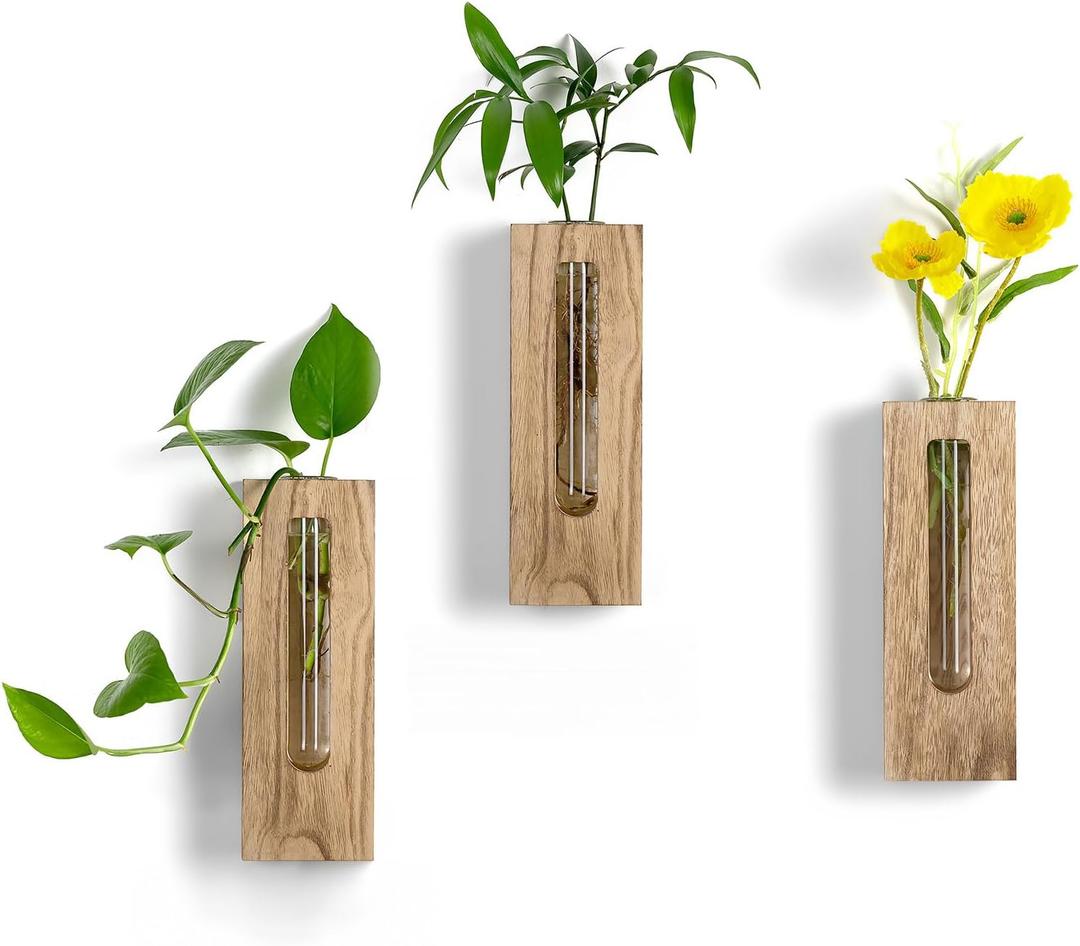 Wood Wall Vase Decor: Rustic Wooden Decor for Farmhouse Bathroom Kitchen Hallway - Hanging Plant Propagation Stations for Indoor Plants Dried Flowers Eucalyptus (Natural)