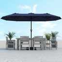 Kingdura 15ft Large Patio Umbrella with Solar Lights, Double-Sided Rectangle Lighted Outdoor Table Umbrella with Base Included, 12 Reinforced Ribs, 48 Led Lights, Crank Lift for Market Pool Deck Backyard, Beige
