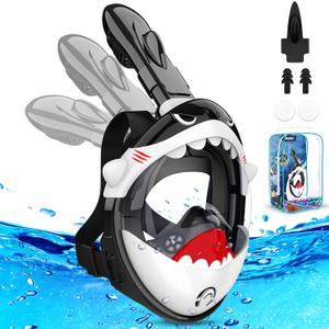 Kids Snorkel Mask, Full Face Snorkel Mask for Kids 4-16, Foldable Snorkeling Gear for Kids Snorkeling Set for Swimming Pool Toys, Dry Top, Anti-Leak/Anti-Fog /180 HD View/Portable Bag (Black Shark)