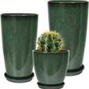 Neoaider 24/21/12 Inch Large Plastic Planter, Lightweight Ceramic-Look Tall Planters with Drain Hole & Saucers, Tall Plastic Planters for Porch, Garden, Patio, Balcony(Dark Green)