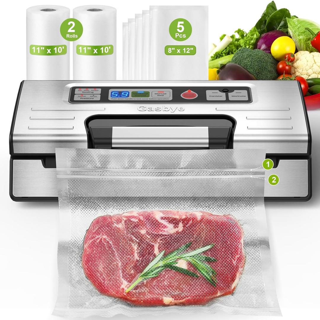 Gasbye 95kPa Precision Vacuum Sealer Machine, Double Heat Seal for Dry/Moist Food, Easy-Lock Handle, Built-in Bag Storage & Cutter, Progress Display, Pulse Mode, Removable Drip Tray, Silver