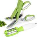 Pack Of 2 KitchShears Herb Scissors with 5 Blades and Cover - Premium Quality Stainless-Steel Herb Cutter for Kitchen & Garden Herbs - With safety Cover Cleaning Comb & Peeler - Dishwasher Safe & Easy to Clean