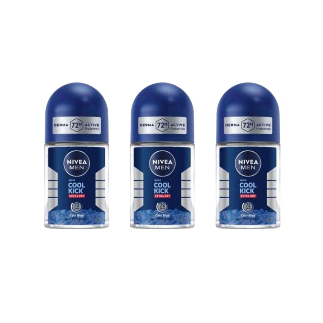 NIVEA Men Cool Kick Anti-Perspirant Roll-On Deodorant 25ml  72 Hour Sweat & Odor Protection, Refreshing Cool Formula with Masculine Scent, Skin Comfort, Quick Dry, Long-Lasting Freshness, 3 Pack