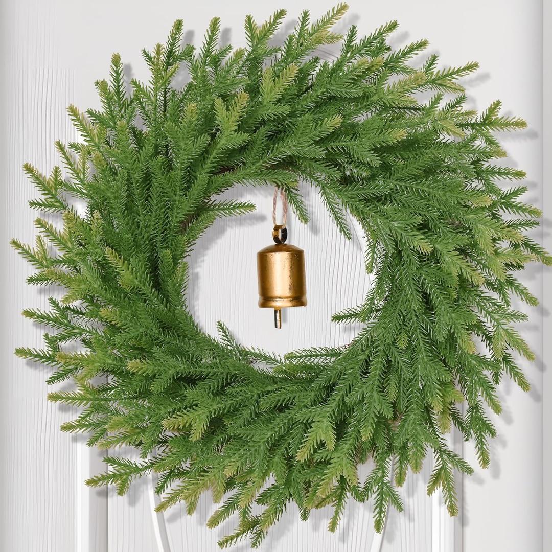 Christmas Wreath Decorations - 24 Inch Norfolk Pine Wreath with Vintage Charm Cow Bell, Christmas Wreaths for Front Door, Christmas Door Wreath for Outdoor Indoor Wall Windows Christmas Decor (1 Pack)