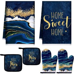 Bencailor 6 Pcs Marble Kitchen Decor Gold Pot Holders Oven Mitts 2 Dish Towels 1 Farmhouse Cooking Mittens Oven Glove and Potholder for Baking Cooking Grilling Supply Accessories(Blue)