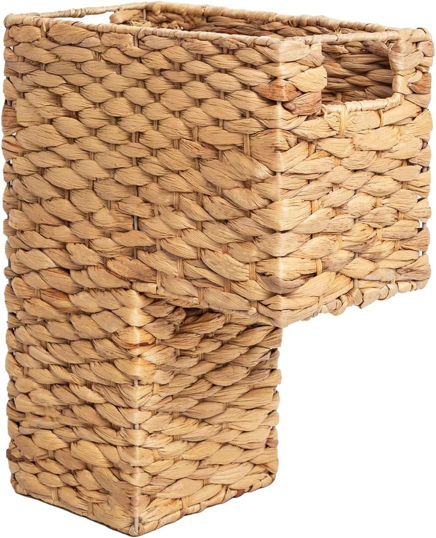 YAHUAN Stair Basket with Handles, Woven Water Hyacinth Stair Baskets for Carpeted Stairs, Stair Storage Basket Staircase Basket for Wooden Stairs (Water Hyacinth), SIZE 12.99’’x6.88’’x15.75’’inches. Suitable for stairs with a height of 7.3-7.8 inches