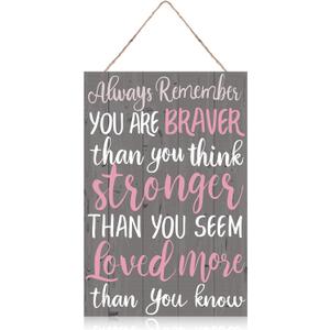 Inspirational Sign Always Remember You are Braver Than You Think Wall Art Wood Plaque Motivational Hanging Decor Sign for Living Rooms Home Office Decorations, 8 x 12 Inch (Pink)