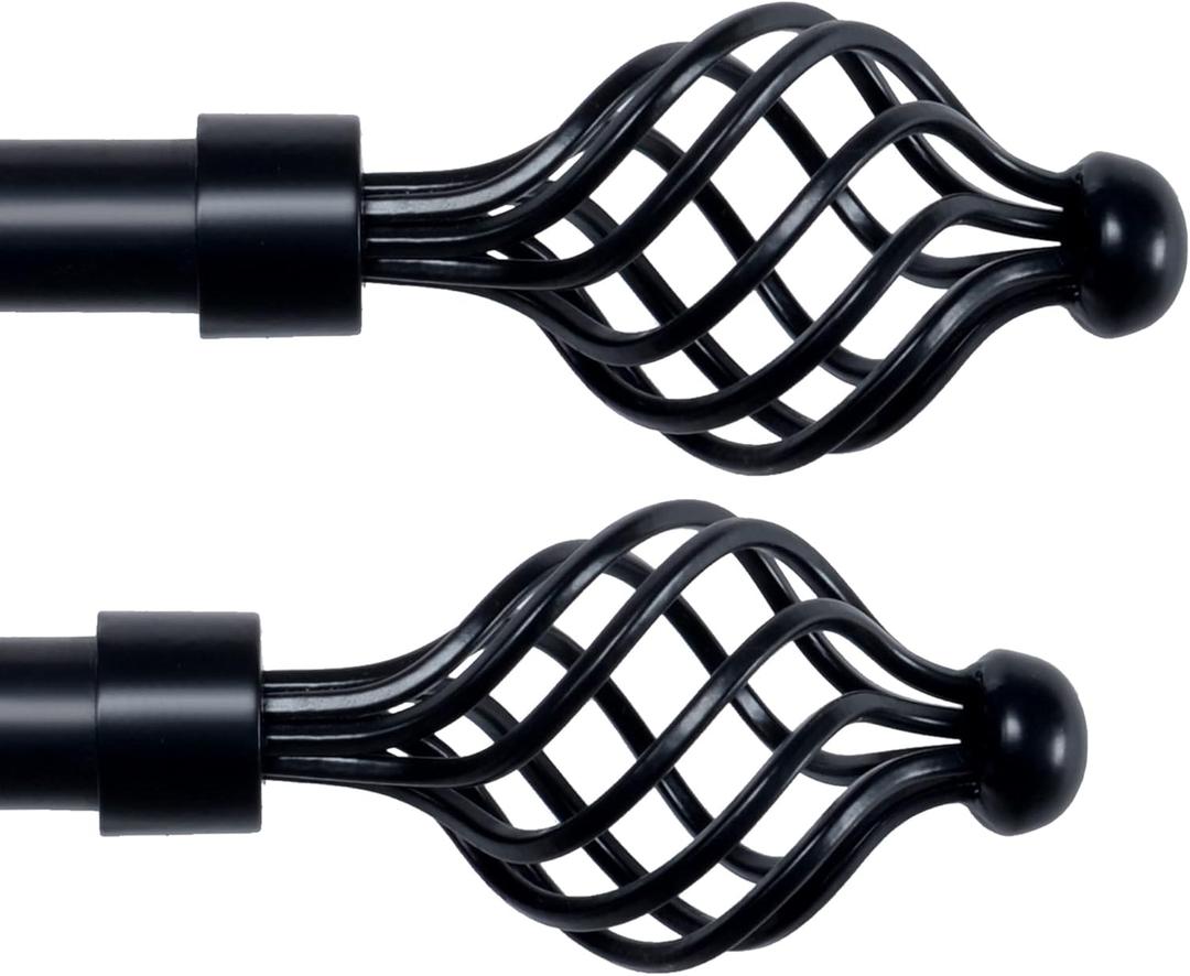 Deco Essential Set of 2 36 to 66 Inch Extendable Curtain Rod for Door & Windows Adjustable Heavy Duty Iron Telescopic Drapery Pole with Twisted Cage Swirl Finials (3/4 Diameter, Black Matt)