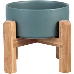 Ceramic Elevated Raised Cat Bowl with Wood Stand No Spill Pet Food Water Feeder Cats Small Dogs (Medium, Green)