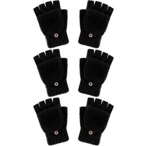 Geyoga 3 Pairs Kids Fingerless Gloves Winter Flip Gloves Warm Convertible Mitten for Girls Teenager Half Fingerless Mittens (10-15 Years, Black)