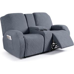 Ruaozz Stretch Loveseat Recliner Covers with Console 4-Pieces Recliner Sofa Covers with Pockets Jacquard Reclining Couch Covers Furniture Protector with Elastic Straps Bottom (2 Seater, Grey)