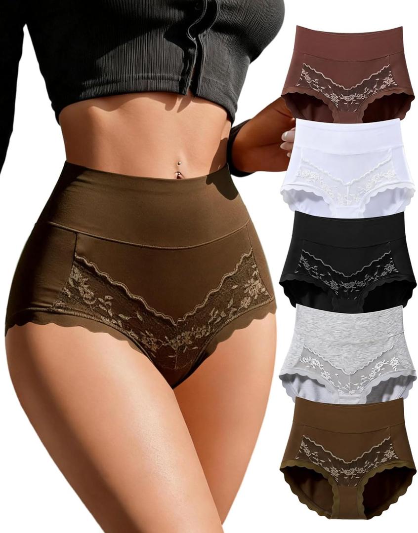 Annenmy High Waisted Underwear for Women Cotton Underwear Tummy Control Briefs Lace Full Coverage Panties 5 Pack L