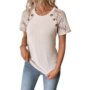 Ribbed Short Sleeve Tops For Women Lace Patchwork Crew Neck Shirts Dressy Casual Work Blouses Summer Fshion Tunics (Teal)