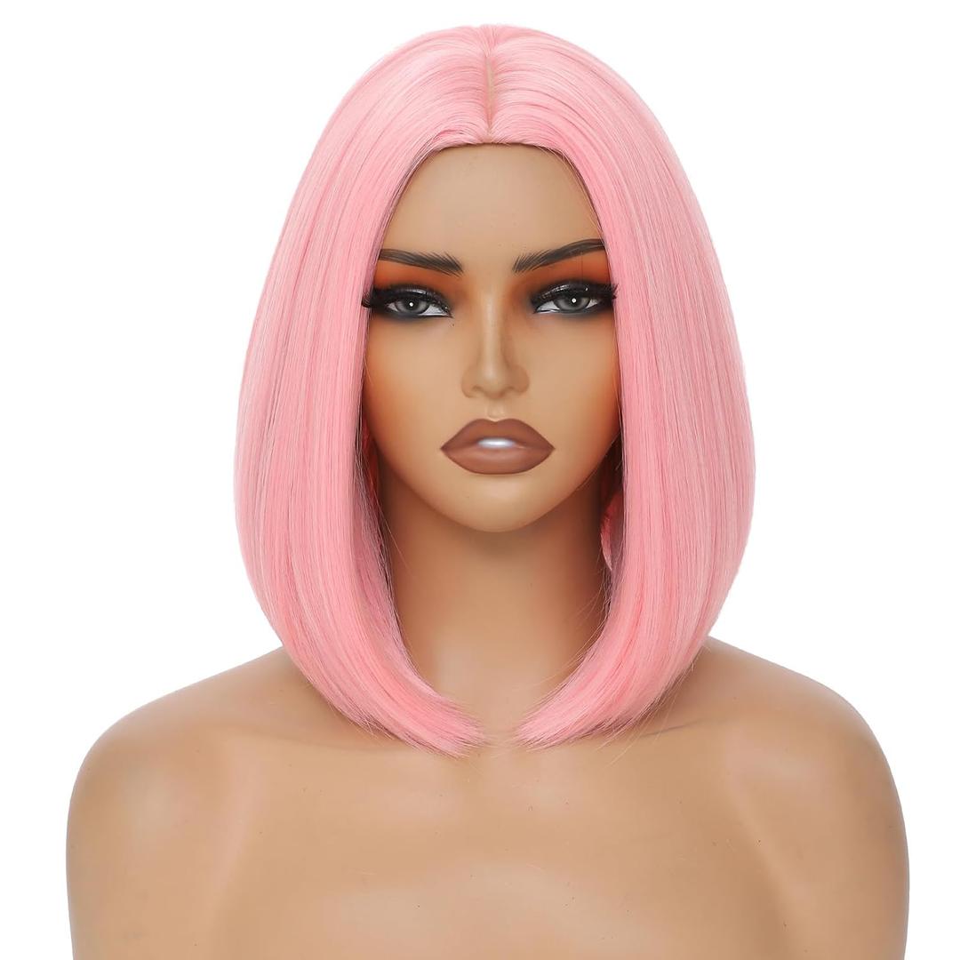 Pink Bob Wig for Women 12 Inch Straight Pink Wigs Middle Part Heat Resistant Synthetic Wig