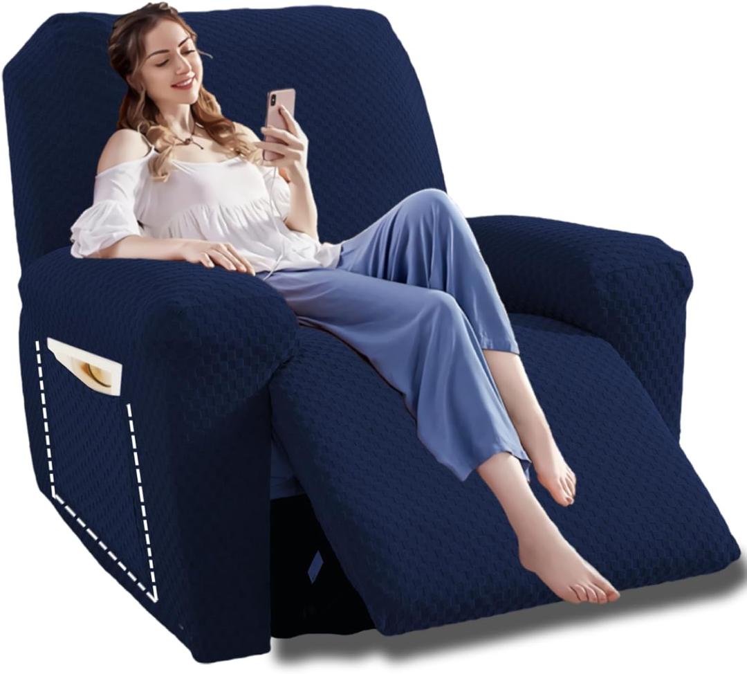 YEMYHOM 4 Pieces Oversized Stretch Recliner Slipcover Latest Jacquard Large Recliner Chair Cover with Side Pocket Anti-Slip Fitted Furniture Protector with Elastic Bottom (X-Large Recliner, Navy)