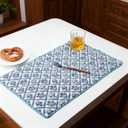 Beeveer 6 Pcs India Block Printed Floral Quilted Placemats 14.5 x 20 Inches Blue Flowers Rectangular Placemats for Kitchens, Dining Table Decorations, Parties, Weddings, Restaurants, Spring, Summer