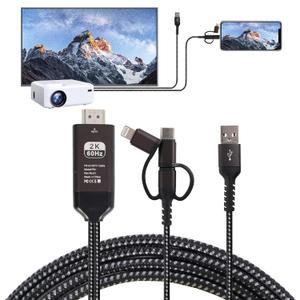 HDMI Cable to TV Adapter 2k 60Hz 1080P Phone to TV HDTV AV Adapter for Android Phone Type C 3-in-1 Design,Multi-Function,Plug & Play, HDMI Cable Compatible with Roku TV/PS5/HDTV/Blu-ray