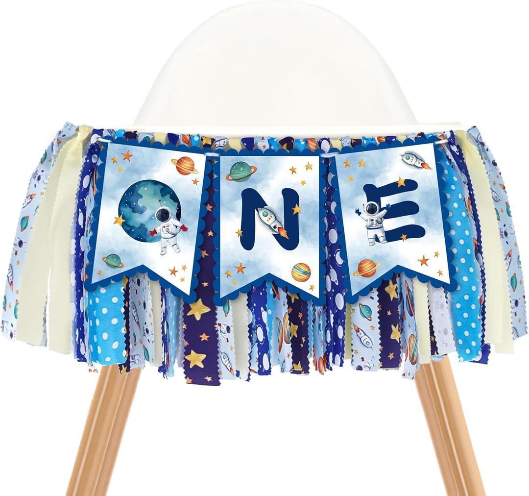 Boy High Chair Banner - Trip First Around the Sun Highchair Streamer, One Birthday Party Space Decorations with Planets, Astronauts 1st Kids Birthday Outfit Supplies Cake Smash Photo Props
