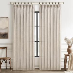 Extra Long Natural Linen 60 Inch Wide Curtains 108 Inches for Room Divider, Memory Shape Pleated Light Filtering Heavy Drapes Luxury Decor Floor to Ceiling Semi Sheer Curtain 9FT Length 2 Panels Set