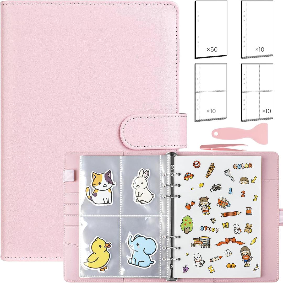 2025 New Reusable Sticker Organizer Binder Album 80 Sheets, PU Leather Sticker Collecting Book with Pockets for Kids Adults with Tweezer and Spatula (Pink) 2025 New Reusable Sticker Organizer Binder Album 80 Sheets, PU Leather Sticker Collecting Book with Pockets for Kids Adults with Tweezer and Spatula (Pink)