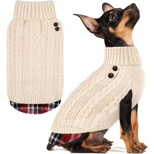 KYEESE Dog Sweater Warm Turtleneck Small Dogs Sweater with Gingham Patchwork Thick Pet Coat for Fall Winter Cold Weather Soft Pullover Dog Sweaters for Small Dogs Girl Stretchy Knitwear Cat Clothes (3# Beige)