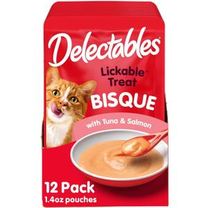 Delectables Lickable Treat Bisque Wet Cat Treat with Real Tuna & Salmon, Food Topper, Hydrating, Grain-Free, No Fillers, No by-Products, No Added Preservatives, 1.4oz Pouch, 12ct, Best By: APR 09 2026