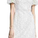 Women's Lace Floral V-Neck Dress with Puff Sleeves and Back Zipper, Elegant and Romantic Design (Large, White)