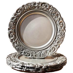 Antique Silver Charger Plates Embossed Rim, 13 Inch Dinner Plate Chargers Round Server Ware. Set of 6 Plastic Charger for Dinner, Wedding, Elegant Tableware Decor, Silver