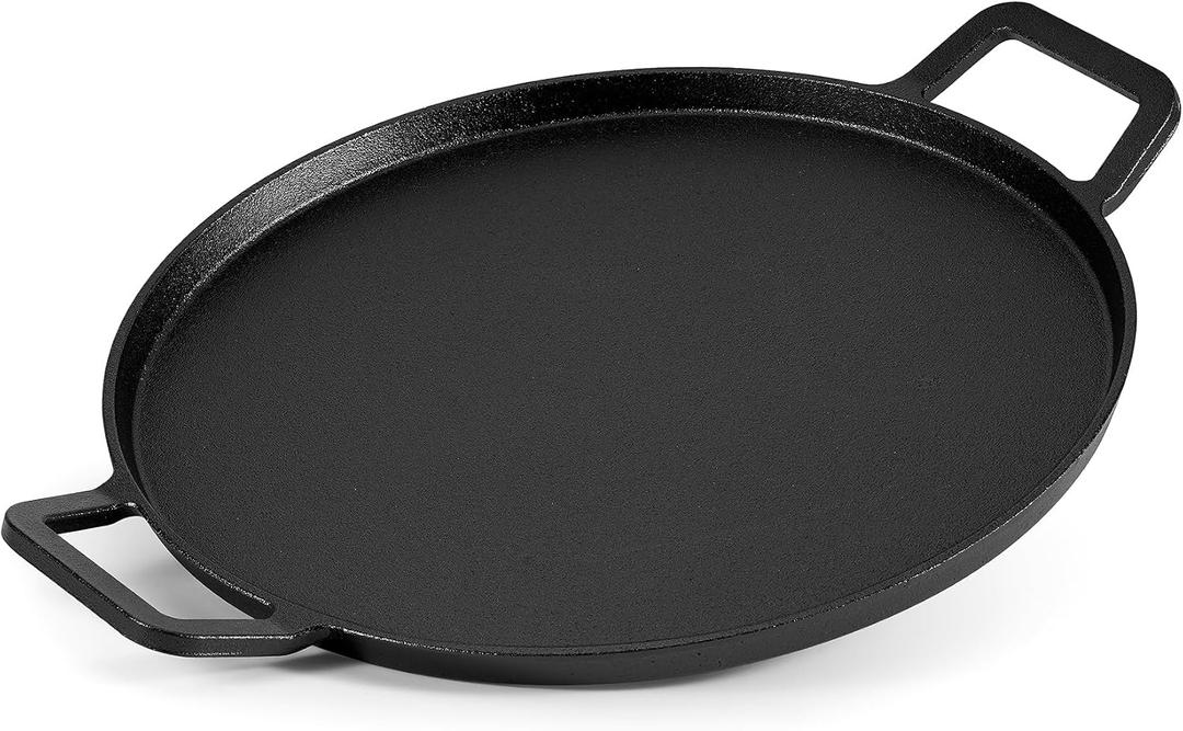 Onlyfire Cast Iron Pizza Pan, 14 Inch Baking Pan with Handles, Pre-Seasoned Skillet Round Griddle Pan for Grill BBQ, Baking Stove and Oven