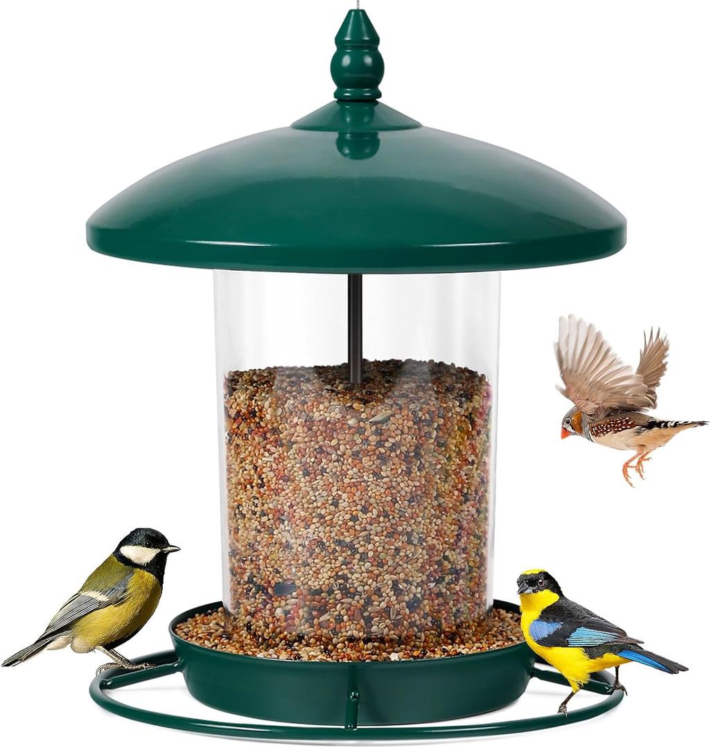Metal Bird Feeder for Outdoors Hanging,3.0LB Seed Feeder,Easy to Fill & Clean,360 Feeding,Weatherproof Roof for Gardens and Wild Birds, Green