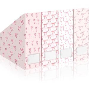 AmazingSpark Set of 4 Pink Bow Magazine File Holder Decorative Foldable Cardboard Magazine Storage Boxes with Acrylic Label Holders Coquettish Boho Organizer for Office Home Organization Storage