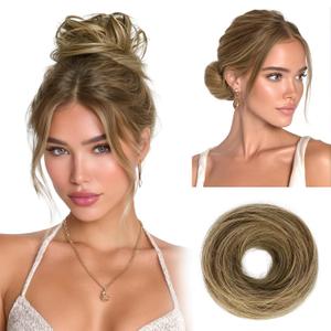 RUWISS Small Messy Bun Hair Piece Human Hair, One Hairpiece Two Styles Mini Natural Looking Scrunchies Updo for Daily, Hair Buns for Women Ponytail Extension (Brown with Warm Blonde Highlights)