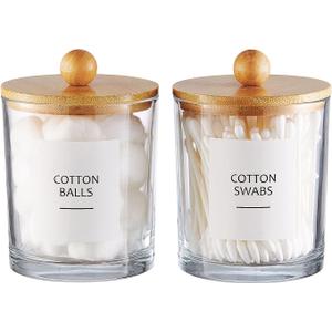 Glass Apothecary Jars with Bamboo Lids for Bathroom Organization, Q tip Holder and Cotton Ball Holder are Great for Farmhouse Decor, Rustic Bathroom Decor-2 Pack