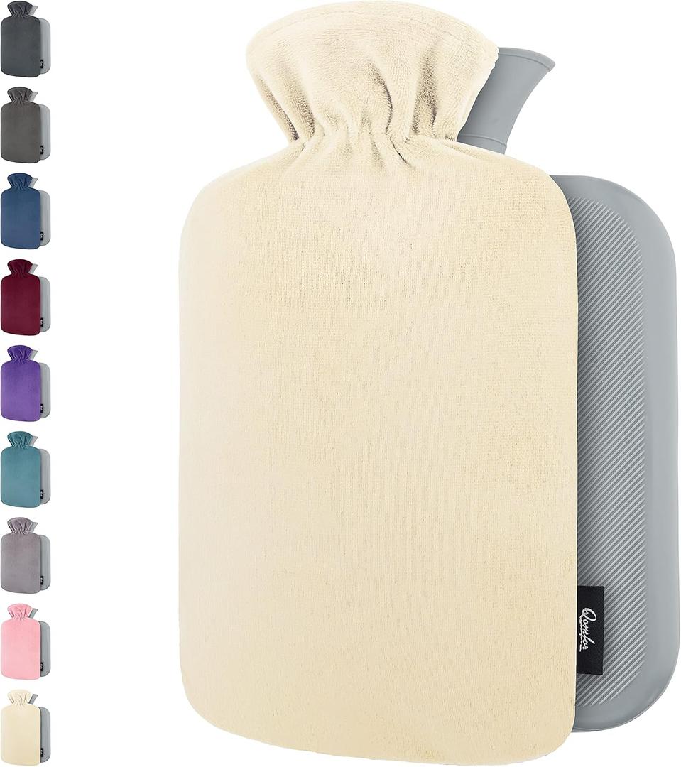 Qomfor Hot Water Bottle with Soft Fleece Cover - 1.8L Large - Premium Hot Water Bag for Pain Relief, Period Cramps, Cozy Nights, Bed Warmer, and Feet Warmer (Champagne) (Medium)