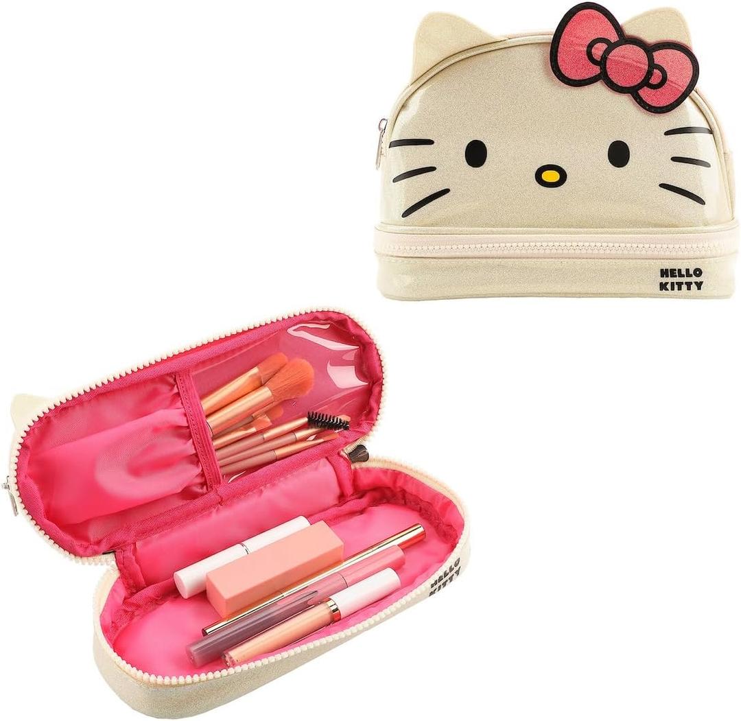 Bioworld Hello Kitty Character Face White Glitter 6" Cosmetic Pouch
