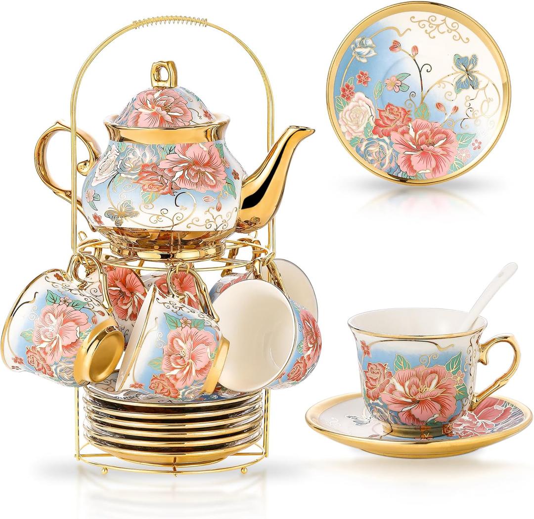 20 Pieces Porcelain Tea Set With Metal Holder, European Ceramic tea set for adults,Flower Tea Set,Tea Set For Women With Flower Painting (VIVID BLUE, Largr Vision) (Large version)