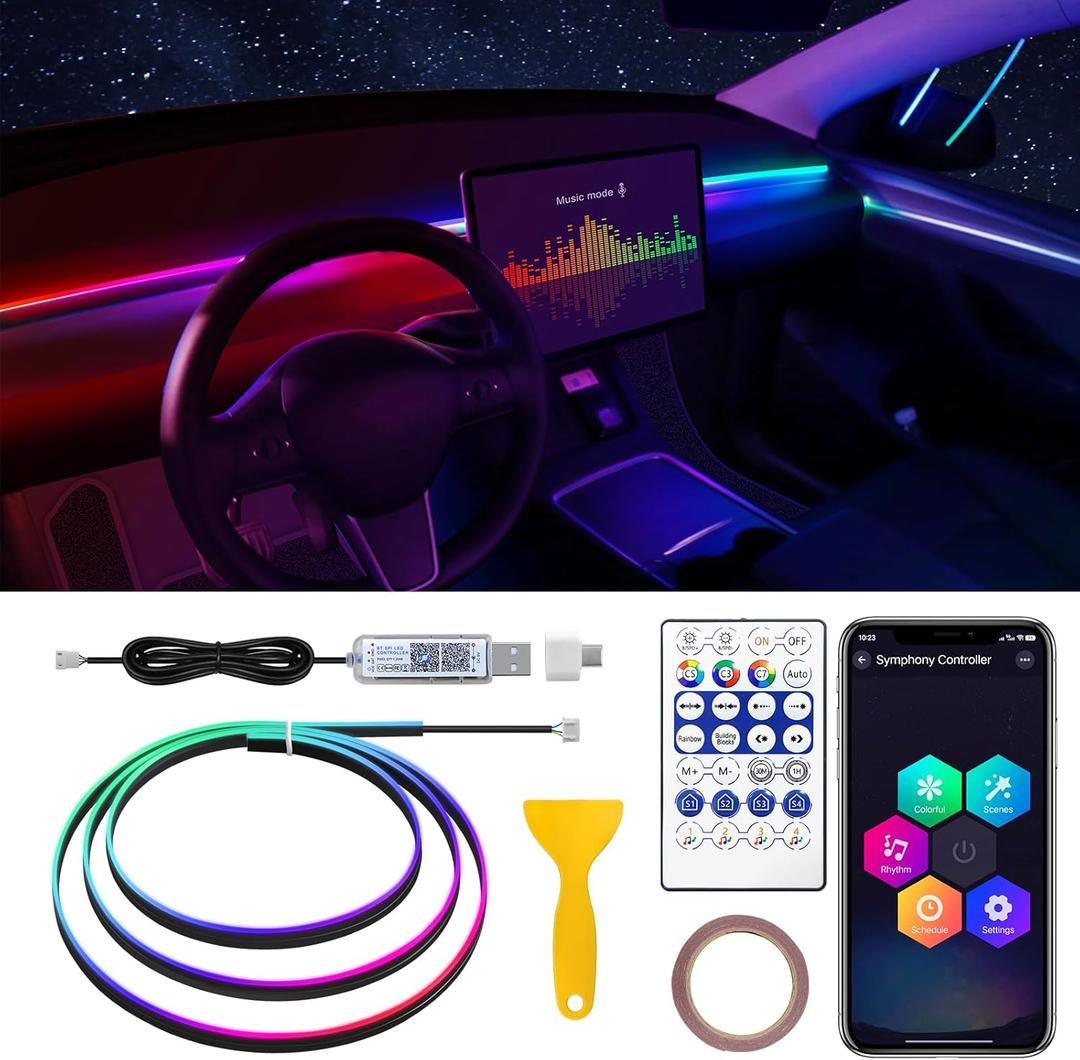 Dreamcolor Acrylic Interior Car LED Strip Light, 55.1 inches Fiber Optic Ambient Lighting Kits, 16 Million Colors Sound Active Function Neon LED Strip for Car