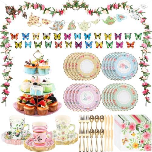 20 Pcs Floral Tea Party Dinnerware Set Include 9 oz Paper Cups and Saucers, Napkins, 3 Tier Cake Stand, Serving Platter, Butterfly Decorations, Flower Banner Tableware for Birthday Wedding