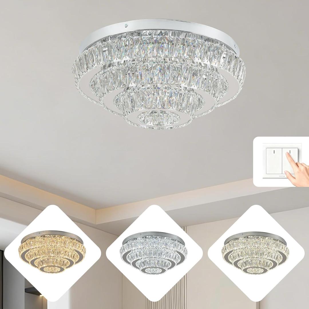 Modern 3-Tier Round Crystal Ceiling Light Fixture, 17.7 Inch Flush Mount Chandelier with 3 Color Temperatures (Warm/Neutral/White) Crystal Ceiling Lamp for Bedroom, Living Room, Hallway, Non-Dimmable (TX-Multi Color)