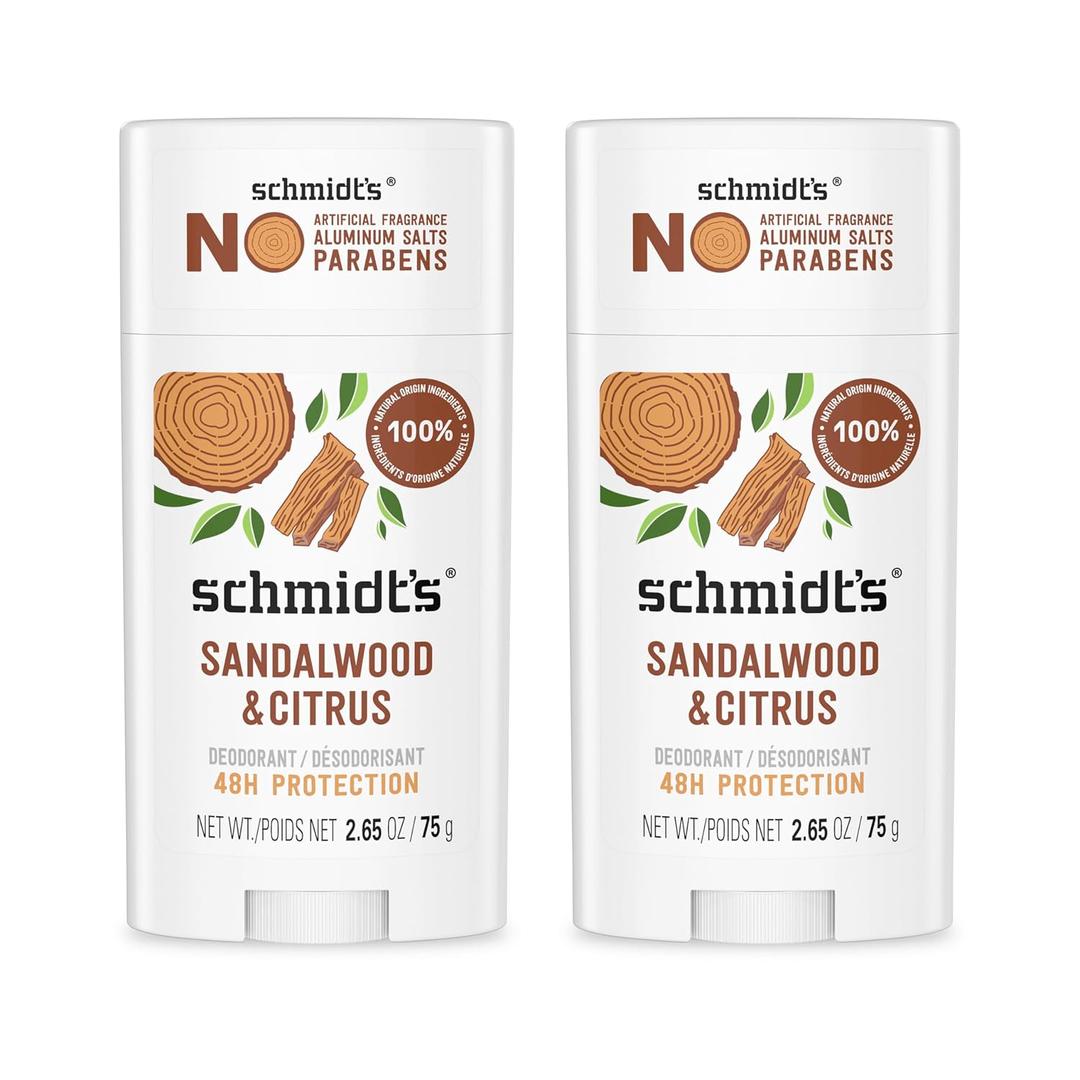 Schmidt's Aluminum Free Vegan Deodorant Sandalwood & Citrus 2 Count for Women and Men, with 24 Hour Odor Protection, Natural Ingredients, Cruelty Free, 2.65 oz
