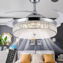 Ohniyou 42 Inch Retractable Ceiling Fan with Lights Remote, Crystal Chandelier Ceiling Light, Dimmable Fandelier for Bedroom Living Room Indoor (Chrome Silver)