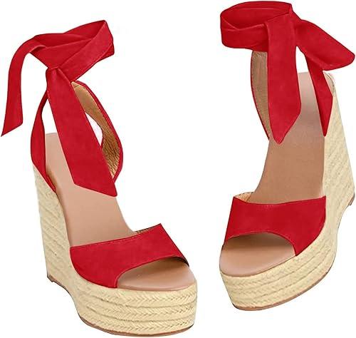 Womens Espadrilles Wedges Sandals Heels Open Toe Tie Lace Up Platform Ankle Strap Summer Dress Shoes (7, White)