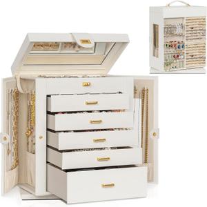 AKOZLIN Jewelry Box 6-Tier Organizer Functional 360 Rotating Jewelry Storage Case for Women Girls Ring Necklace Earring Bracelet Holder with Mirror (Extra Large-Rotating, White)