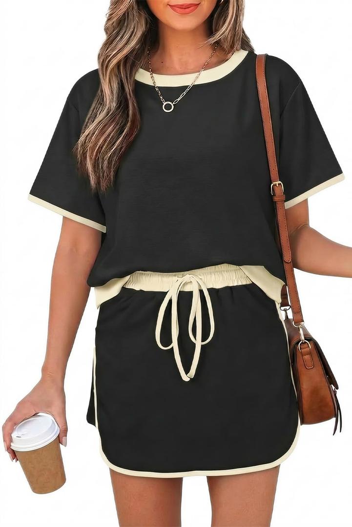 Opemiby Womens 2 Piece Skort Set 2026 Color Block Short Sleeve Top Drawstring Skort Matching Sets Casual Lounge Summer Outfit (Black)