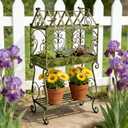 Vintage 2-Tier Metal Plant Stand with House-Shaped Planter Tray, Distressed Green Rustic Plant Shelf with Succulent Tray for Indoor Outdoor Garden, Patio & Balcony Decor