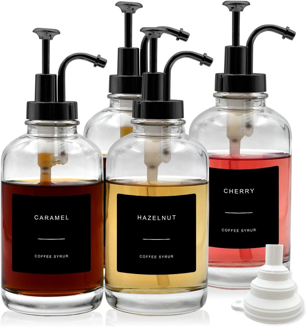 4-Pack Coffee Syrup Dispenser for Coffee Bar, 16.9 oz 500 ml Glass Syrup Bottle with 36 Labels, Syrup Pump Dispenser for Coffee Bar(Black pump)