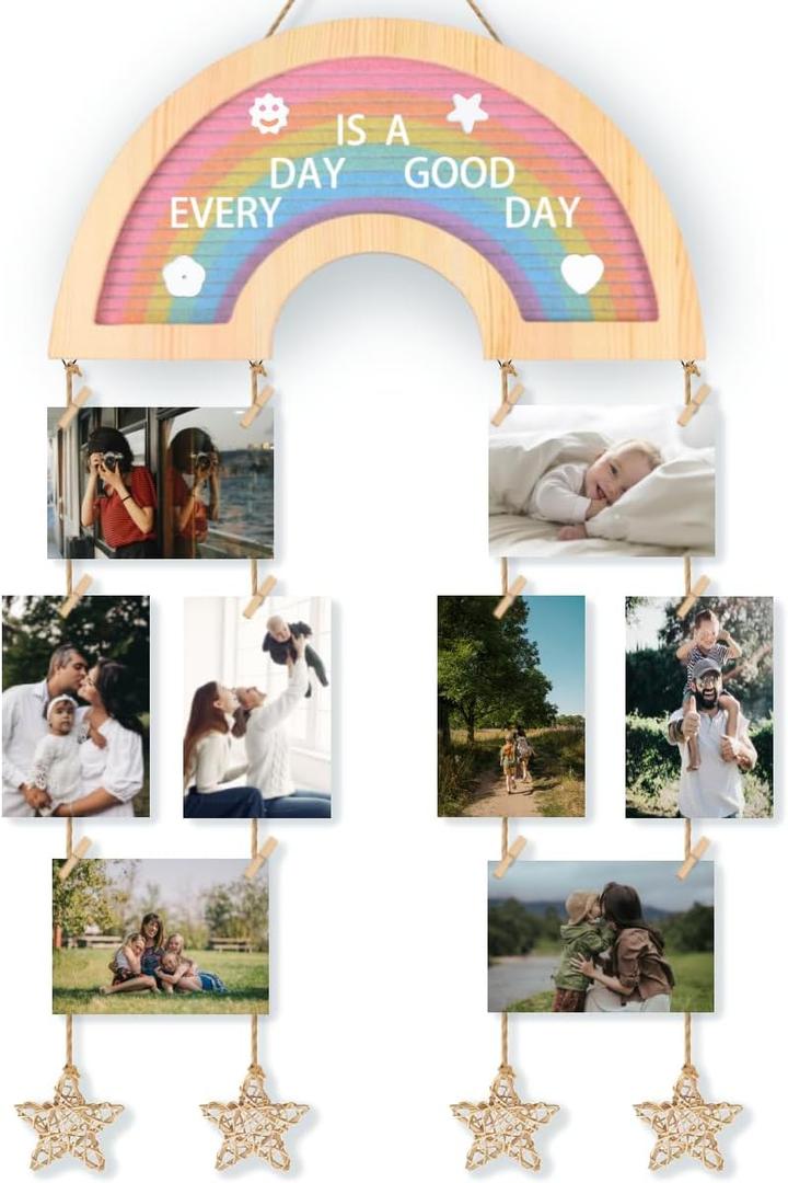Picture Frames Collage Wall Decor Hanging Photo Display, Personalized Gifts for Teen Girls, Unique DIY Rainbow Felt Letter Board with 340 Letters and 20 Clips for Kids Teenage Birthday Party
