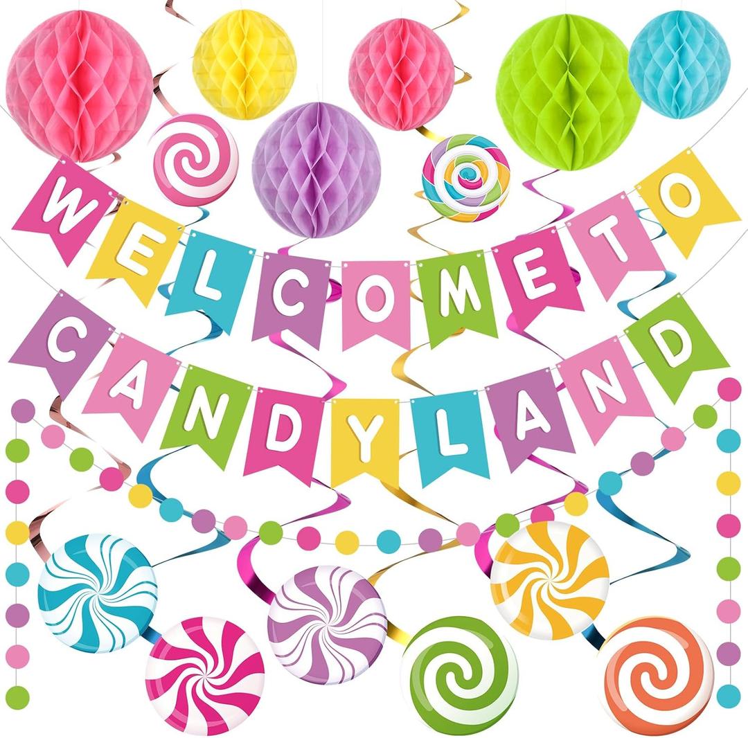 Pasimy Welcome to Candy Land Banner with Colorful Honeycomb Balls Candy Sweet Party Decorations Garland Hanging Swirls Decor Set Lollipop Paper Cutouts Dot for Birthday Party Supplies