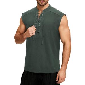 Cotton Mens Renaissance Shirt Pirate Medieval,Sleeveless Halloween Costume Steampunk Viking Lace-up Stand Collar Shirts