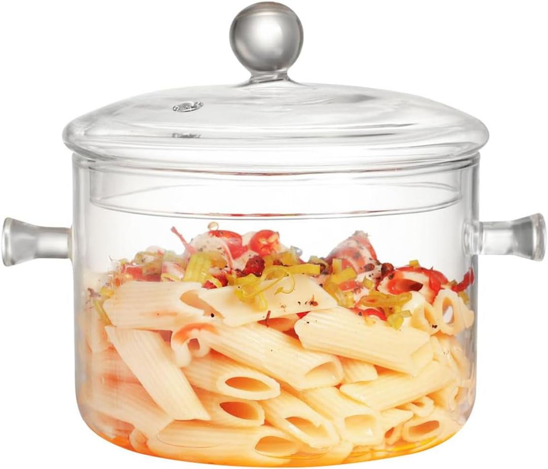 Glass Cooking Pots, 1.9L/64OZ Heat-Resistant Borosilicate Glass Saucepan with Cover, Glass Pots for Cooking on Stove Cookware Set Stovetop Pot for Soup, Pasta,& Baby Food (64OZ)